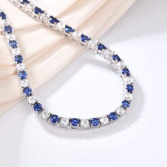3mm Blue Sapphire CZ Diamond Tennis Necklace 3mm Round Birthstone