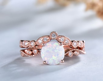 Opal Ring, Rose Gold Opal Ring, White Fire Opal Engagement Ring, Opal Wedding Set, Dainty Opal, Rose Gold Rings, Promise Ring, Bridal Set