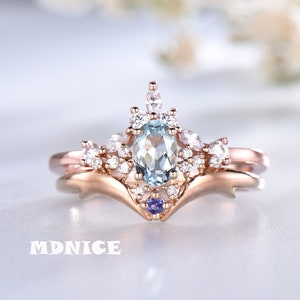 Aquamarine Ring Natural Oval Aquamarine Wedding Set Diamond Simulant Cluster Ring Sapphire Ring Unique Engagement Ring Bridal 14k Rose Gold