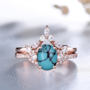 Vintage Oval Turquoise Engagement Ring Set: CZ Diamond Sterling Silver Band