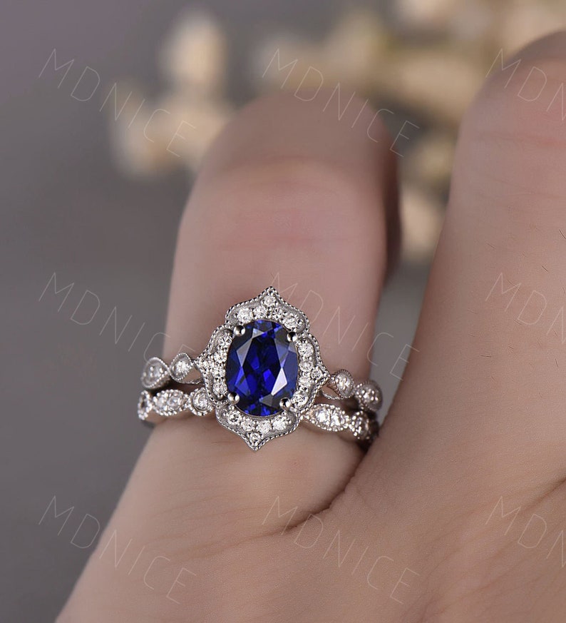 Blue Sapphire Ring, Oval Sapphire Engagement Ring Set, Art Deco Wedding Ring, September Birthstone, Vintage Bridal Promise Ring, Silver image 4