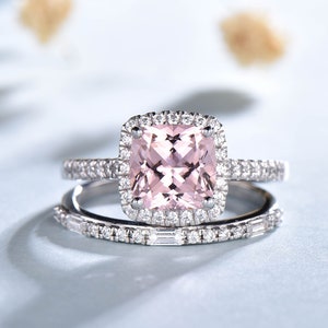 Morganite engagement ring set, Pink morganite ring, Half eternity wedding band, Halo ring, Pink gemstone Ring, Anniversary ring set