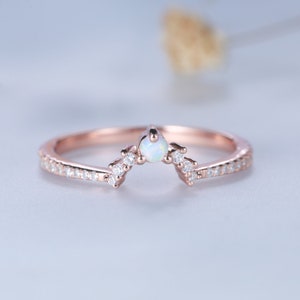 Opal Stacking Band, Dainty Opal Ring, Opal Wedding Ring, Curved Matching Band, White Opal and CZ Ring, Rose Gold Opal Ring, Silver Ring image 1