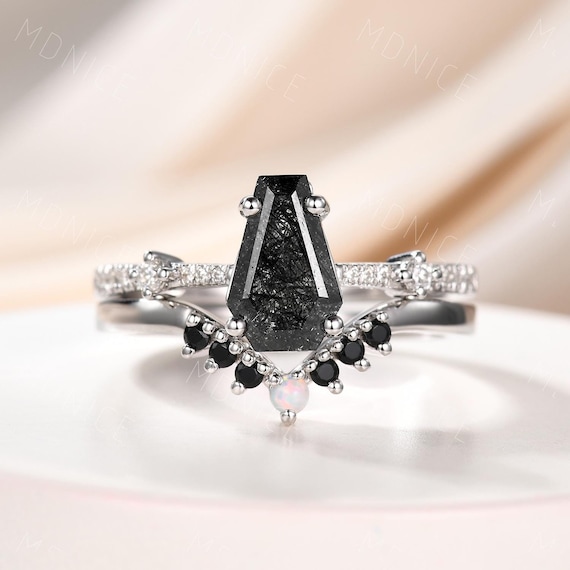 Gothic Coffin Black Rutilated Quartz Wedding Ring Set: Opal Black Spinel,  14k White Gold