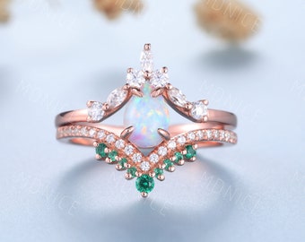 Opal Emerald Wedding Ring Set, Rose Gold Opal Engagement Ring, October Birthstone Ring, Unique Curved Stacking Band, Bridal Promise Set