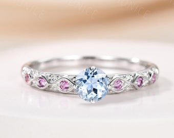 0.5ct Round Natural Aquamarine Ring Vintage Filigree Half Eternity Ring Pink Sapphire 14K White Gold Dainty March Birthstone Promise Ring