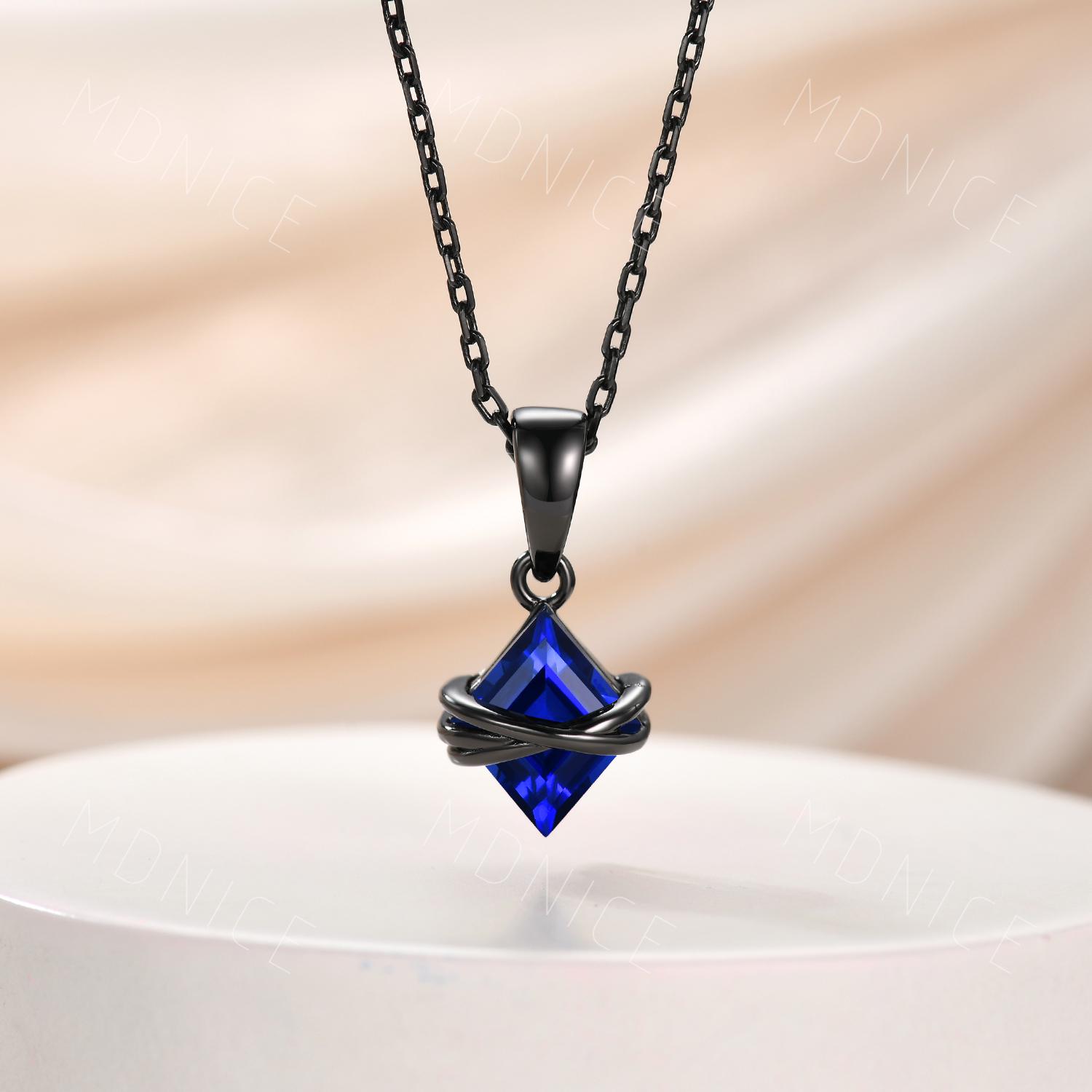 Lozenge Cut Sapphire Pendant: Black Gold Wire Wrapped Gothic
