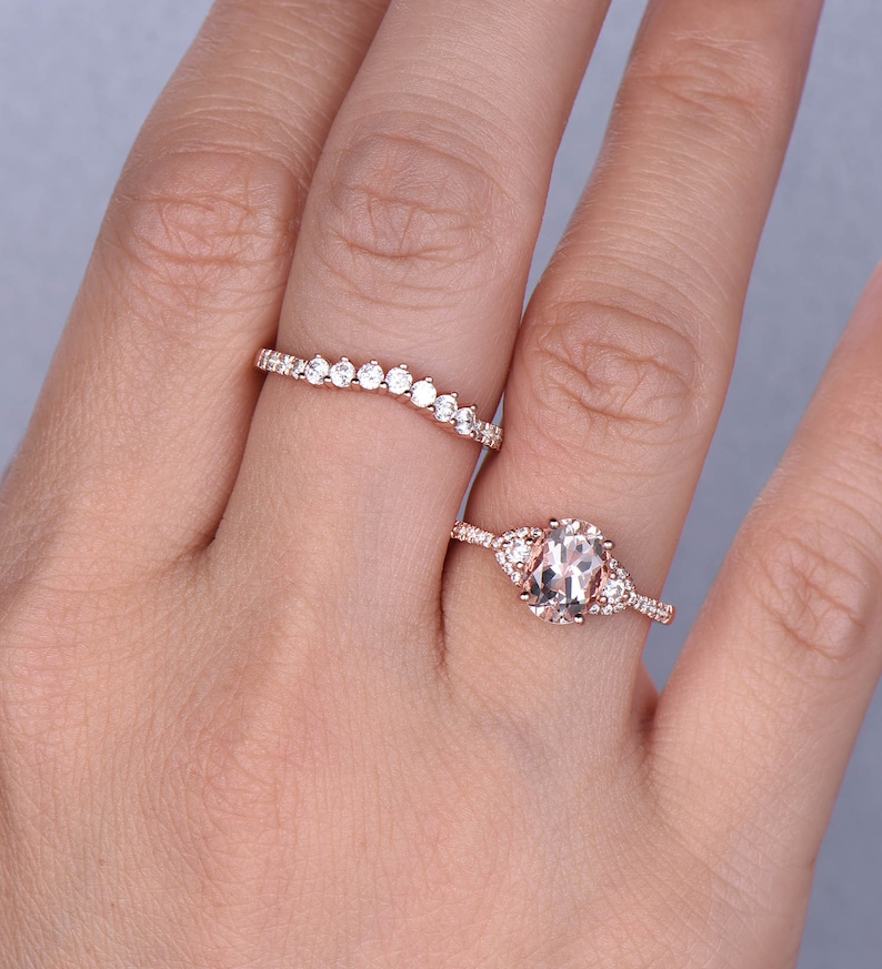 CZ Diamond Wedding Band Rose Gold Morganite Ring 14K Solid Gold Ring Gifts for Her Bridal Ring Set Birthstone Jewelry Stacking Ring
