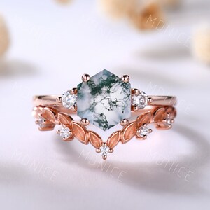 Hexagon cut moss agate ring rose gold vintage green moss agate engagement ring set antique art deco women wedding ring unique promise ring