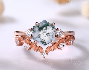 Hexagon Moss Agate Ring Set: Rose Gold Art Deco Wedding Rings
