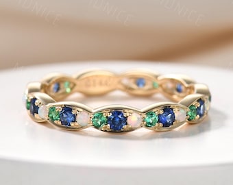 Art deco blue sapphire/opal/emerald wedding band: 14k solid gold band