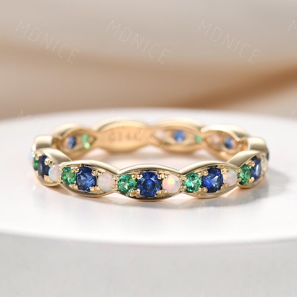 Art Deco Ehering aus blauem Saphir / Opal / Smaragd: 14k massives Goldring