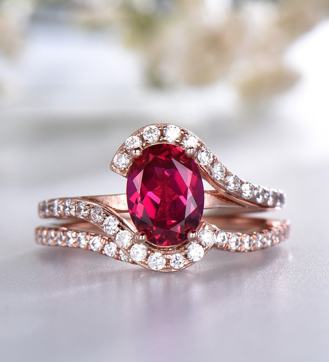 Ruby Ring Oval Ruby Ring Set Lab Red Ruby CZ Diamond Curve - Etsy