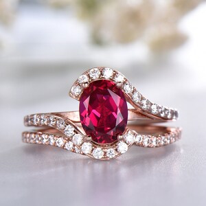Ruby Ring Oval Ruby Ring Set Lab Red Ruby CZ Diamond Curve Matching Band Sterling Silver Ring July Birthstone Ring Unique Wedding Band