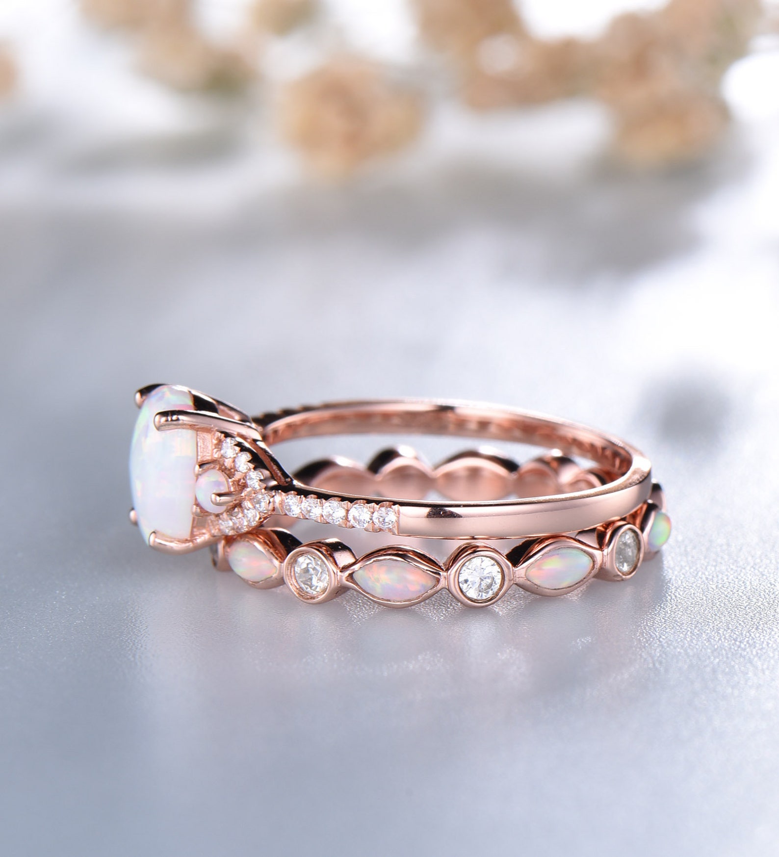 White Opal Ring Opal Wedding Ring Set Eternity Opal Stacking Etsy