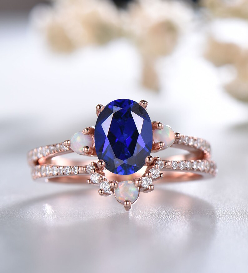 Sapphire Engagement Ring, Oval Blue Sapphire Wedding Ring Set, September Birthstone, Opal Stacking Ring, Gemstone Ring, Anniversary Gift image 1