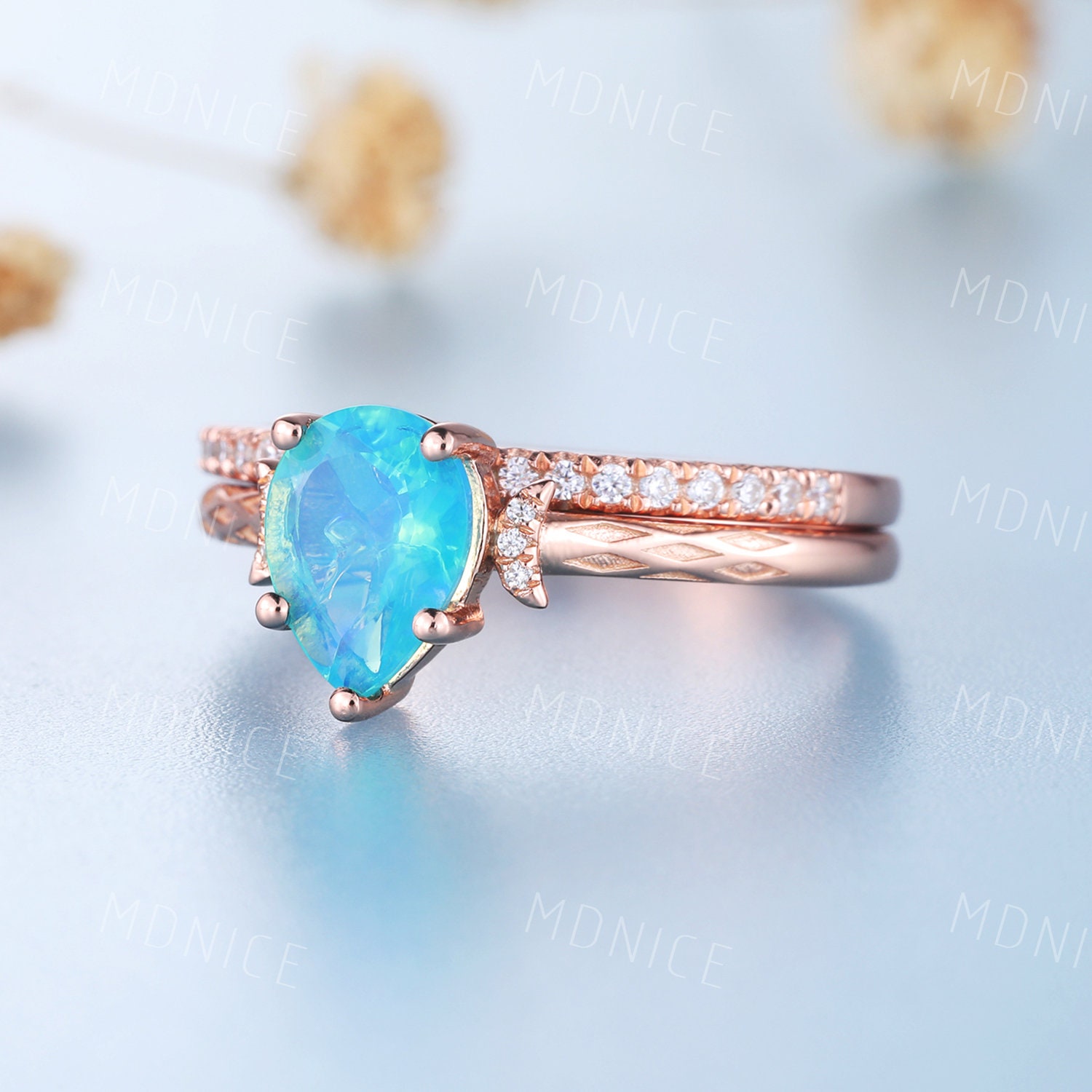 Opal Wedding Ring Set Blue Opal Engagement Ring Rose Gold - Etsy