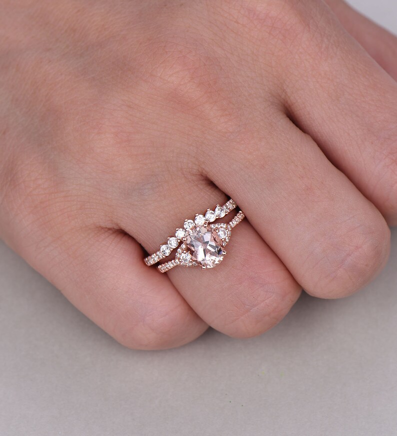 CZ Diamond Wedding Band Rose Gold Morganite Ring 14K Solid Gold Ring Gifts for Her Bridal Ring Set Birthstone Jewelry Stacking Ring