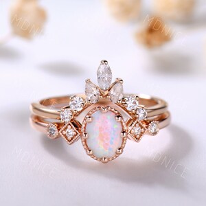 Oval Opal Engagement Ring Set Rose Gold White Fire Opal Engagement Ring Unique Curved Stacking Matching Band Bridal Wedding Ring Set