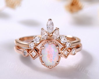 Oval Opal Engagement Ring Set Rose Gold White Fire Opal Engagement Ring Unique Curved Stacking Matching Band Bridal Wedding Ring Set