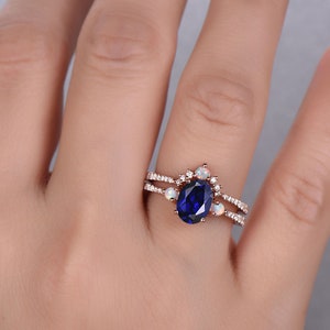 Sapphire Engagement Ring, Oval Blue Sapphire Wedding Ring Set, September Birthstone, Opal Stacking Ring, Gemstone Ring, Anniversary Gift image 2