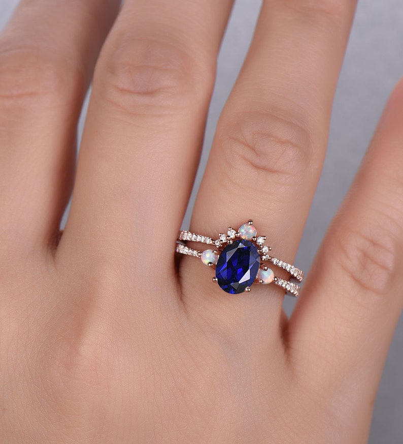 Sapphire Engagement Ring, Oval Blue Sapphire Wedding Ring Set, September Birthstone, Opal Stacking Ring, Gemstone Ring, Anniversary Gift image 2