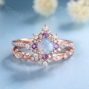 Vintage Opal Engagement Ring Set, Round cut Natural Opal Ring, Rose Gold Wedding Bridal Set, Opal Amethyst Ring, Stacking Ring, Gift for her