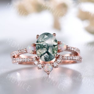 Oval Moss Agate engagement ring set Moss Agate engagement ring Opal stacking band Rose gold bridal promise ring Anniversary ring