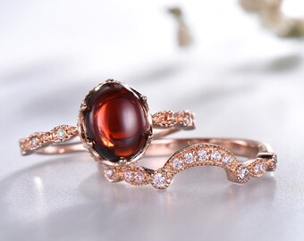 Natural Red Garnet Ring Set Rose Gold Filled Oval Cut Gemstone Vintage Ring Art Deco Curve Simulated Diamond Wedding Band Bridal Set