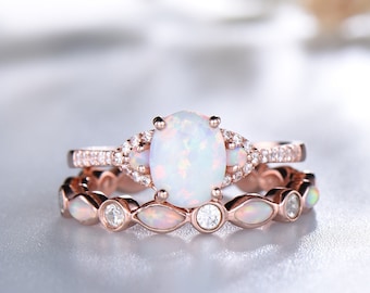Set di fedi nuziali in opale: argento sterling in oro rosa, delicato anello impilabile Eternity - Italia