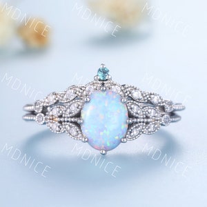 Oval opal engagement ring art deco white gold wedding ring set vintage opal promise ring white opal wedding ring set Sterling Silver