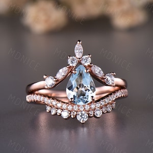 Vintage Aquamarine Engagement Ring Set Rose Gold Ring Art Deco Ring March Birthstone Pear Engagement Ring Unique Stacking Band Bridal Ring