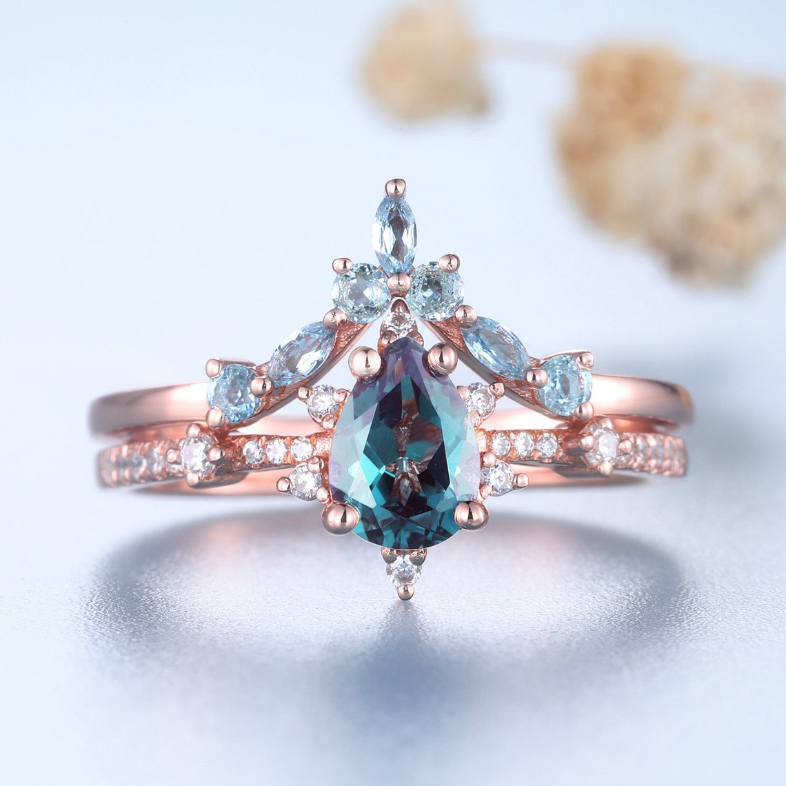 Vintage Alexandrite Engagement Ring Pear Shaped Bridal Set V | Etsy
