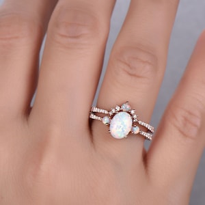 Opal Ring,White Fire Opal Engagement Ring Set,Oval Opal Bridal Set,CZ Diamond Eternity Band,Silver Opal Ring,14K Rose Gold Opal Wedding Ring image 6