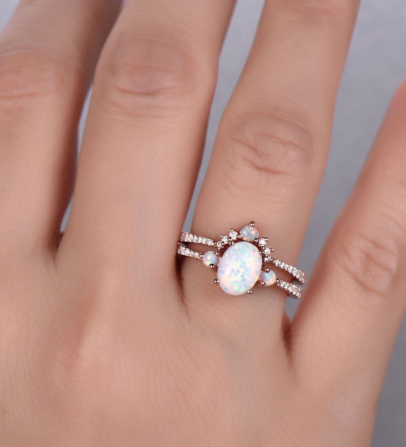 Opal Ring,White Fire Opal Engagement Ring Set,Oval Opal Bridal Set,CZ Diamond Eternity Band,Silver Opal Ring,14K Rose Gold Opal Wedding Ring image 6