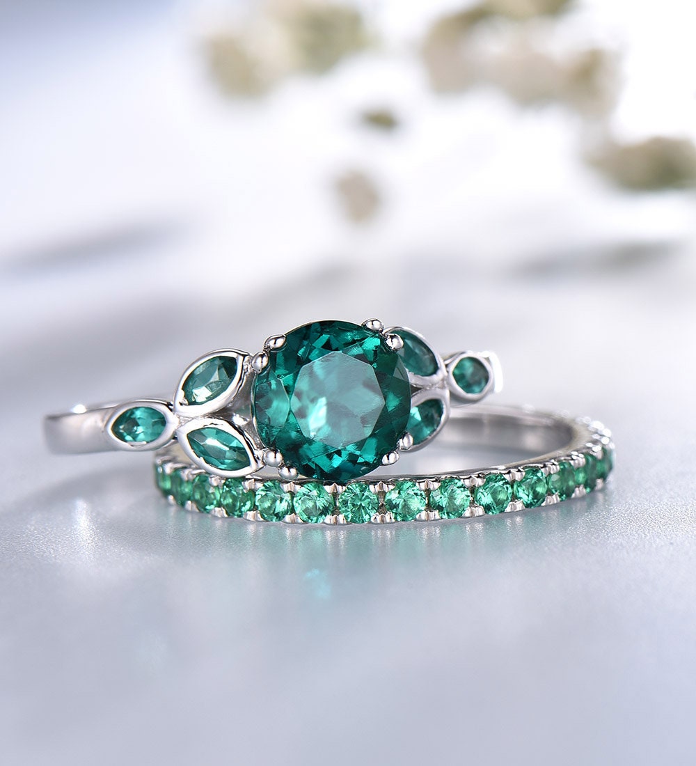 Emerald Engagement Ring Set Vintage 7mm Round Lad Emerald Full | Etsy