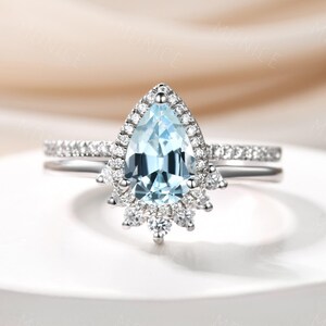 Pear Aquamarine Ring, Sterling Silver Ring, Aquamarine Wedding Ring Set, March Birthstone, Engagement Ring, Blue Gemstone, Promise Ring