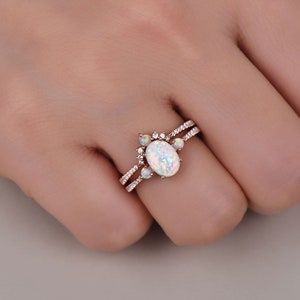 Opal Ring,White Fire Opal Engagement Ring Set,Oval Opal Bridal Set,CZ Diamond Eternity Band,Silver Opal Ring,14K Rose Gold Opal Wedding Ring image 1