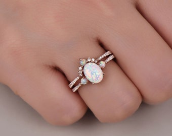 Opal Ring,White Fire Opal Engagement Ring Set,Oval Opal Bridal Set,CZ Diamond Eternity Band,Silver Opal Ring,14K Rose Gold Opal Wedding Ring