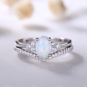 Dainty Opal Wedding Ring Set, Oval Opal Engagement Ring, October Birthstone Ring, Curved Stacking Band, Promise Bridal Ring Set, Silver