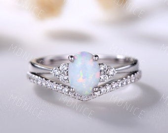 Dainty Opal Wedding Ring Set, Oval Opal Engagement Ring, October Birthstone Ring, Curved Stacking Band, Promise Bridal Ring Set, Silver