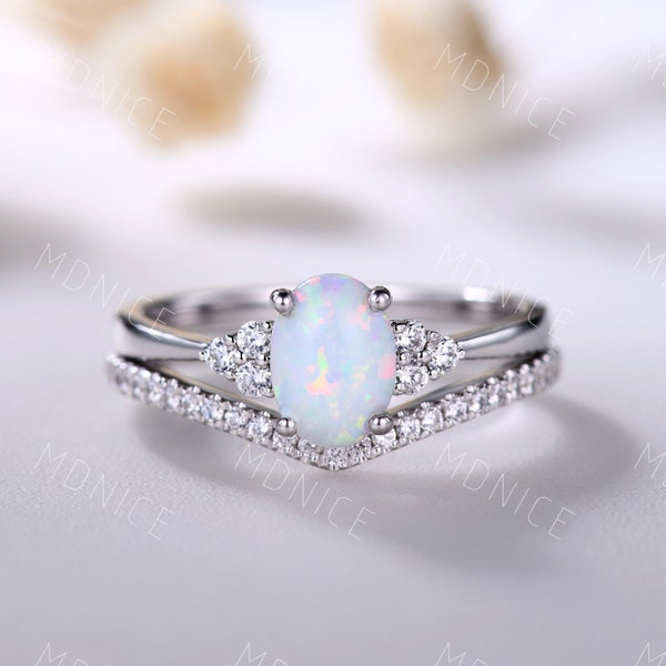 Dainty Opal Wedding Ring Set, Oval Opal Engagement Ring, October Birthstone Ring, Curved Stacking Band, Promise Bridal Ring Set, Silver