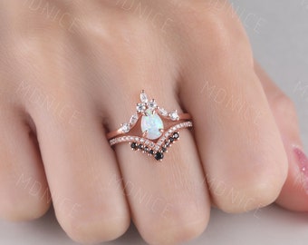 Opal Ring, Pear Cut Opal Engagement Ring Set, White Opal Engagement Ring, Curved Marquise Wedding Band, Stacking Ring, Rose Gold Rings