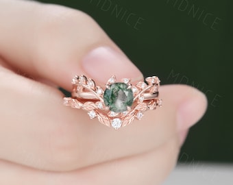 Rose Gold Vintage 7mm round moss agate engagement ring set,Unique leaf moissanite ring round cut bridal ring set,Green Agate Silver Ring Set