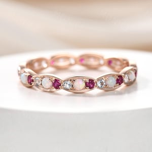 Art deco opal/ruby/aquamarine wedding band: rose gold band