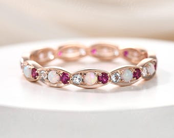 Art deco opal/ruby/aquamarine wedding band: rose gold band