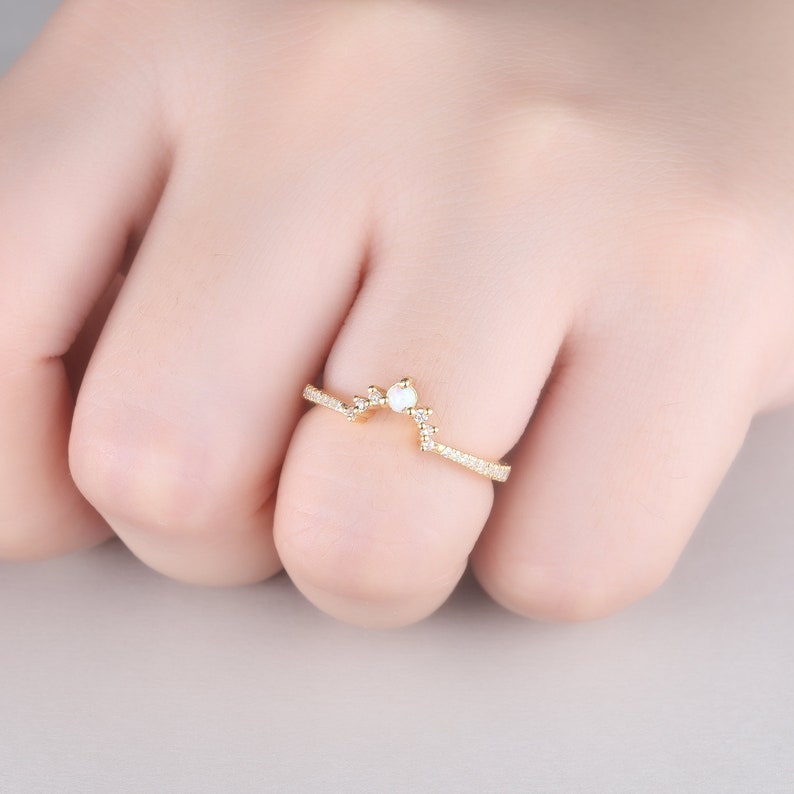 Opal Stacking Band, Dainty Opal Ring, Opal Wedding Ring, Curved Matching Band, White Opal and CZ Ring, Rose Gold Opal Ring, Silver Ring image 10