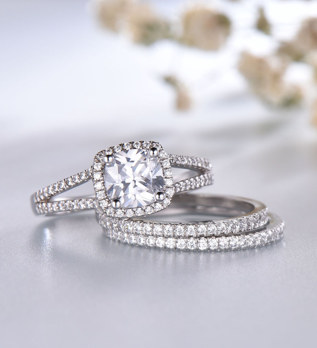 3PCS Wedding Set Split Shank Diamond Simulated Engagement Ring - Etsy
