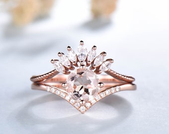 Vintage Morganite Ring Set, Natural Morganite Ring, Rose Gold Morganite Ring, Engagement Ring, Curve Stacking Band, Bridal Ring,Promise Ring