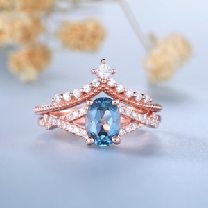 Natural London Blue Topaz Ring, 14K Rose Gold Ring, Topaz Engagement Ring Set, Art Deco Unique Stacking Band, Promise Ring, Anniversary Gift